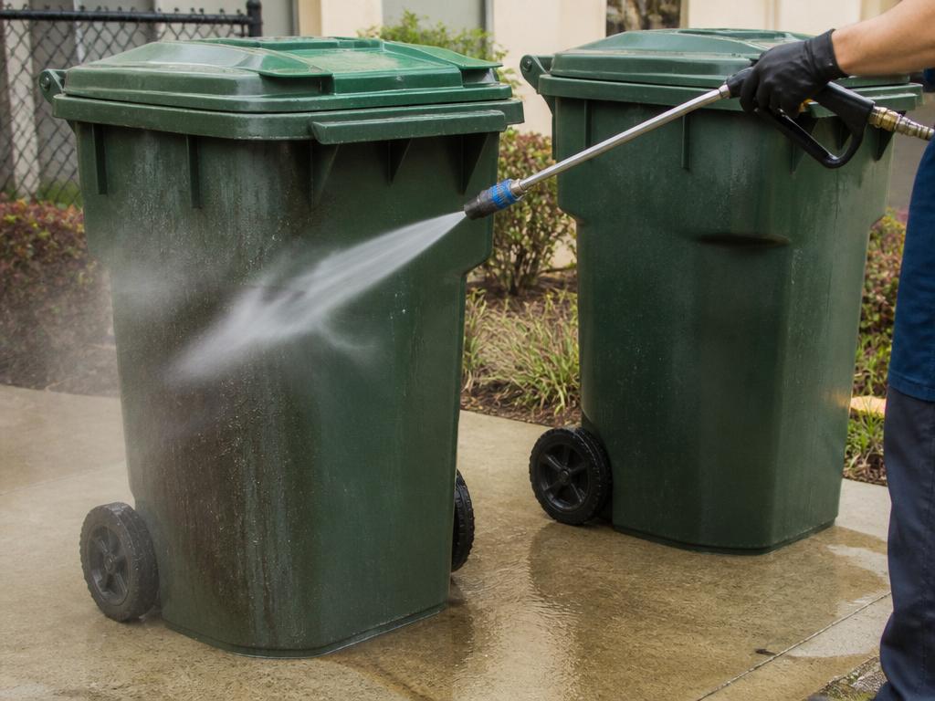 Garbage can cleaning with high pressure water